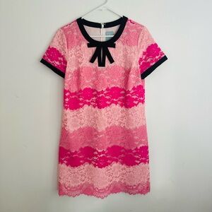 CECE by Cynthia Steffe Striped Pink/Black Lace Bow Trim Shift Keyhole Dress